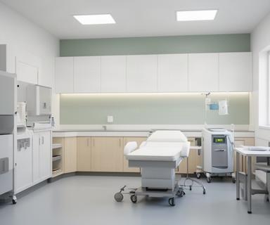 Refreshed clinic treatment room concept with new cabinetry, cleanable flooring, coordinated lighting, and clear circulation