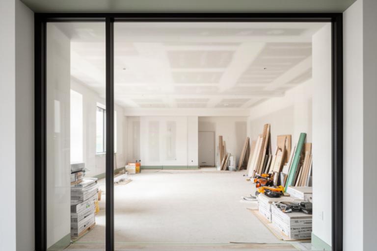 Vacant retail unit being prepared for a new tenant, with fresh storefront finishes and organized interior construction materials