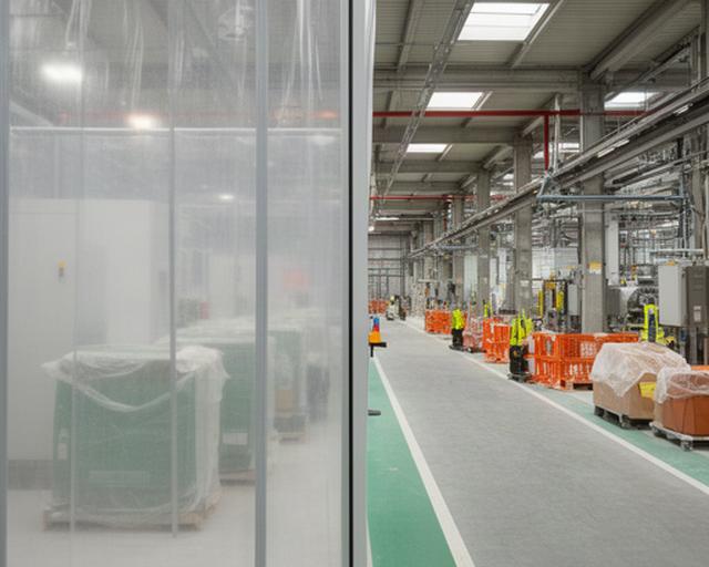 Active industrial facility with a clearly separated renovation work zone beside an open production aisle