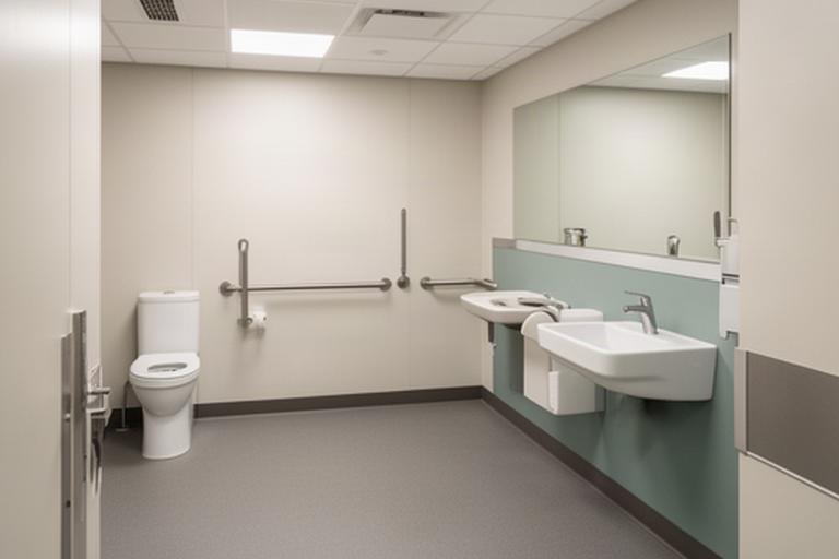 Cleanable community facility washroom with accessible fixture placement, durable surfaces and clear circulation space