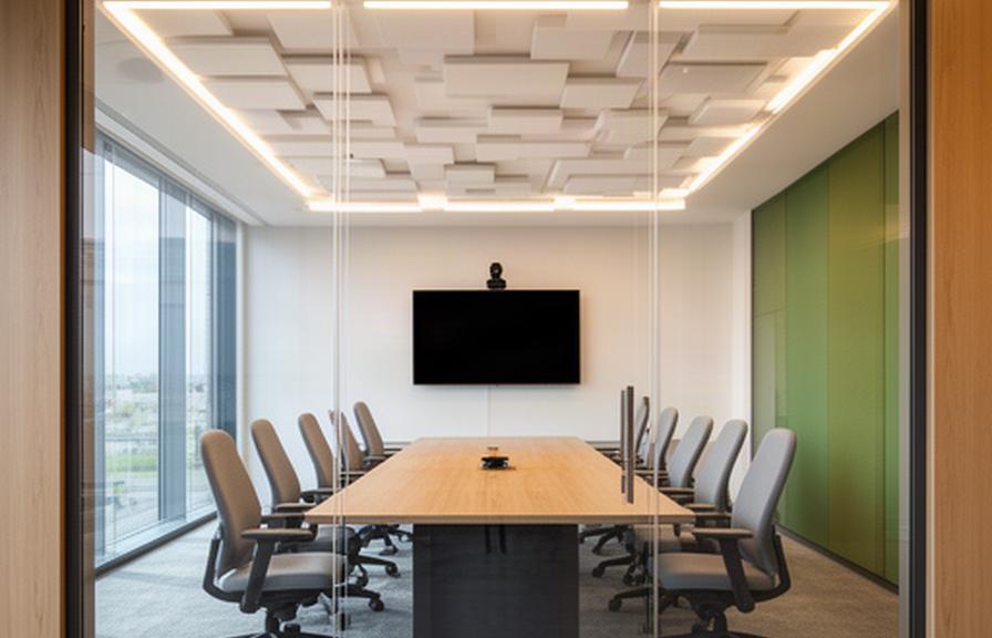 Glass-walled office meeting room with a long table, acoustic ceiling panels and comfortable video-call seating