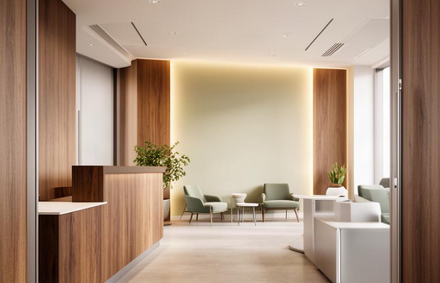 Office entry and reception with a clear client route, warm wood millwork and a softly lit feature wall